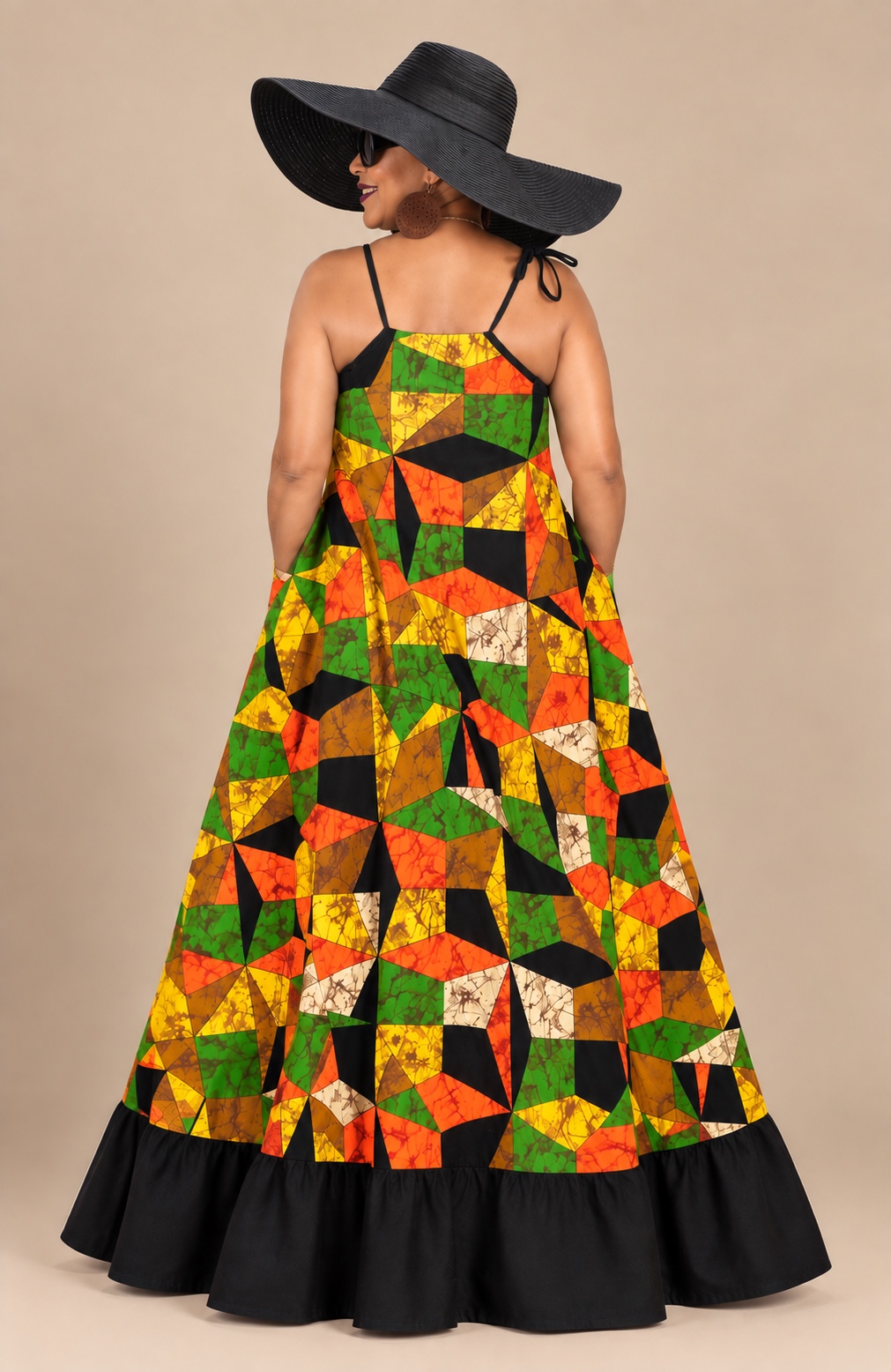 Sonia Noel Style #401 Woven Stories dress — batik print with black ruffle hem, back view