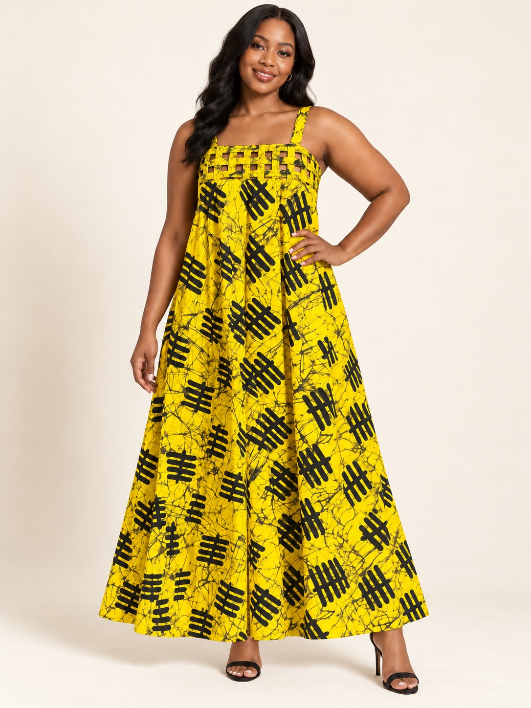 Style #301 lattice maxi dress in yellow and black batik