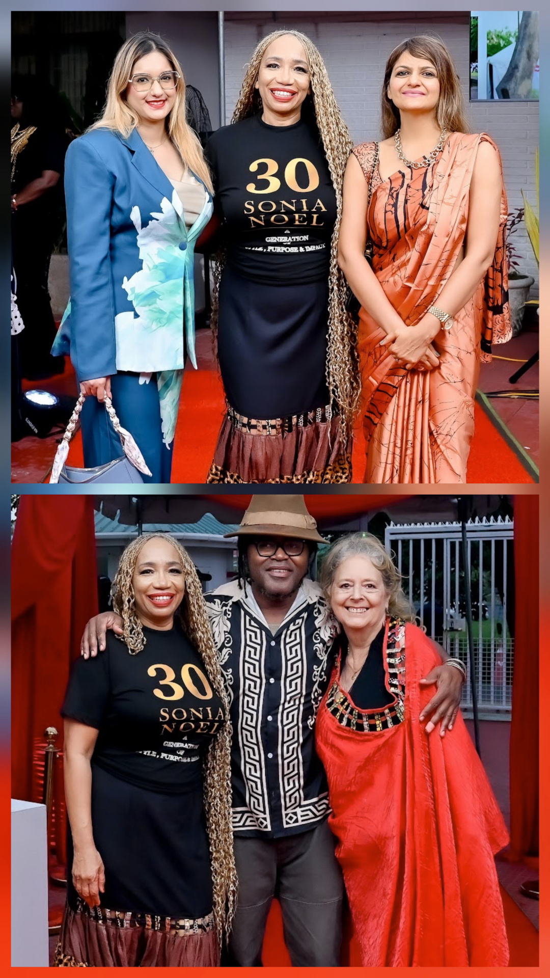 Sonia Noel with friends and family in 30 Sonia Noel commemorative tees on the red carpet