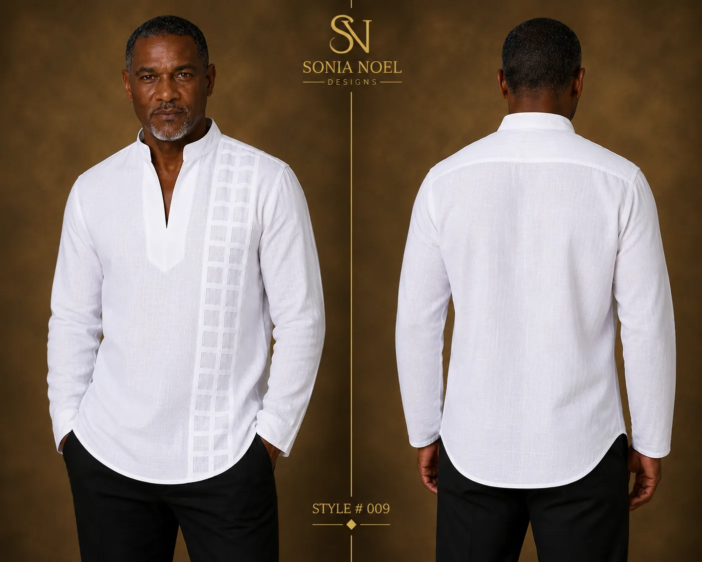 Front and back views of a white long-sleeve Nehru-collar cotton lattice shirt