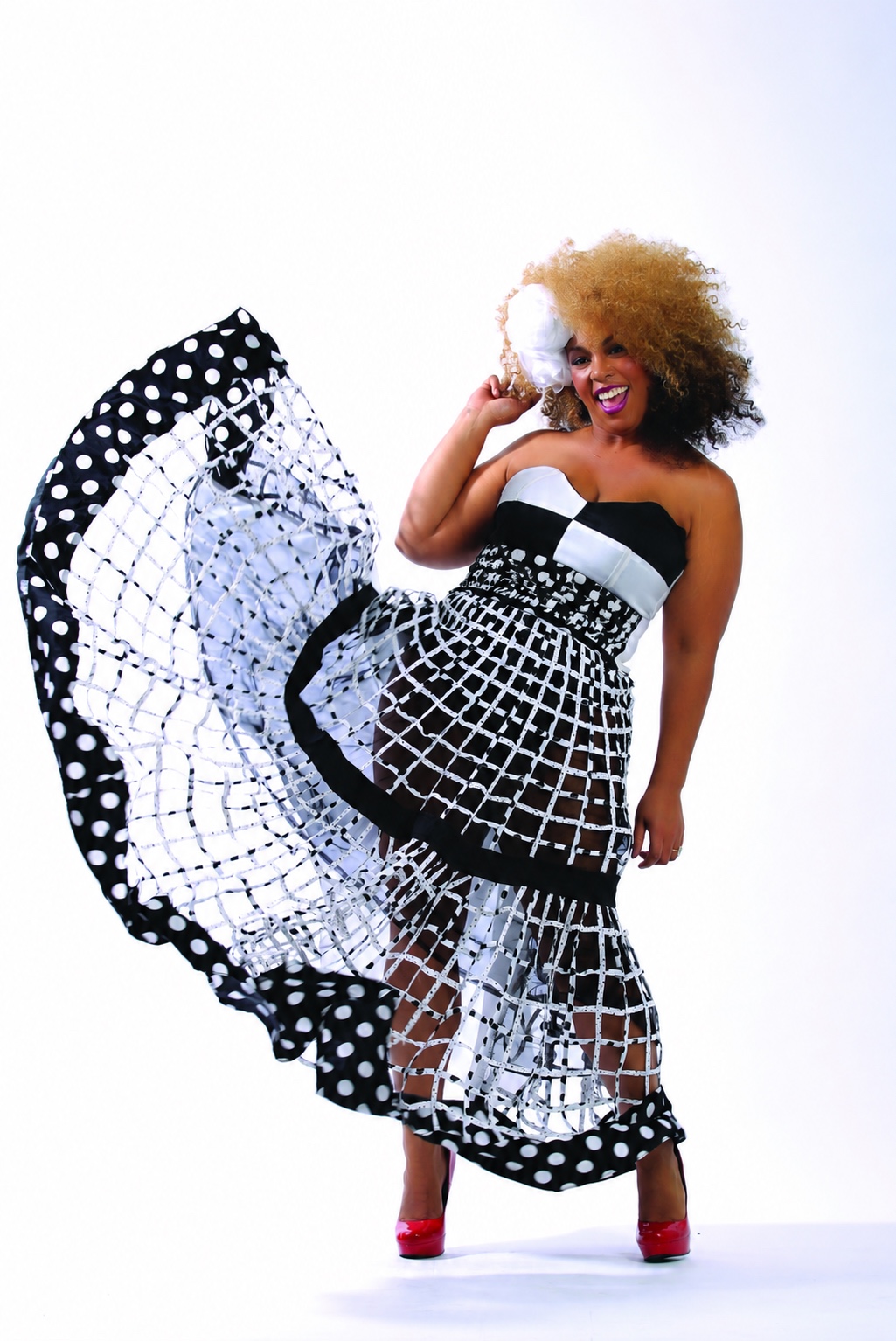 Sonia Noel couture black and white polka-dot caged gown