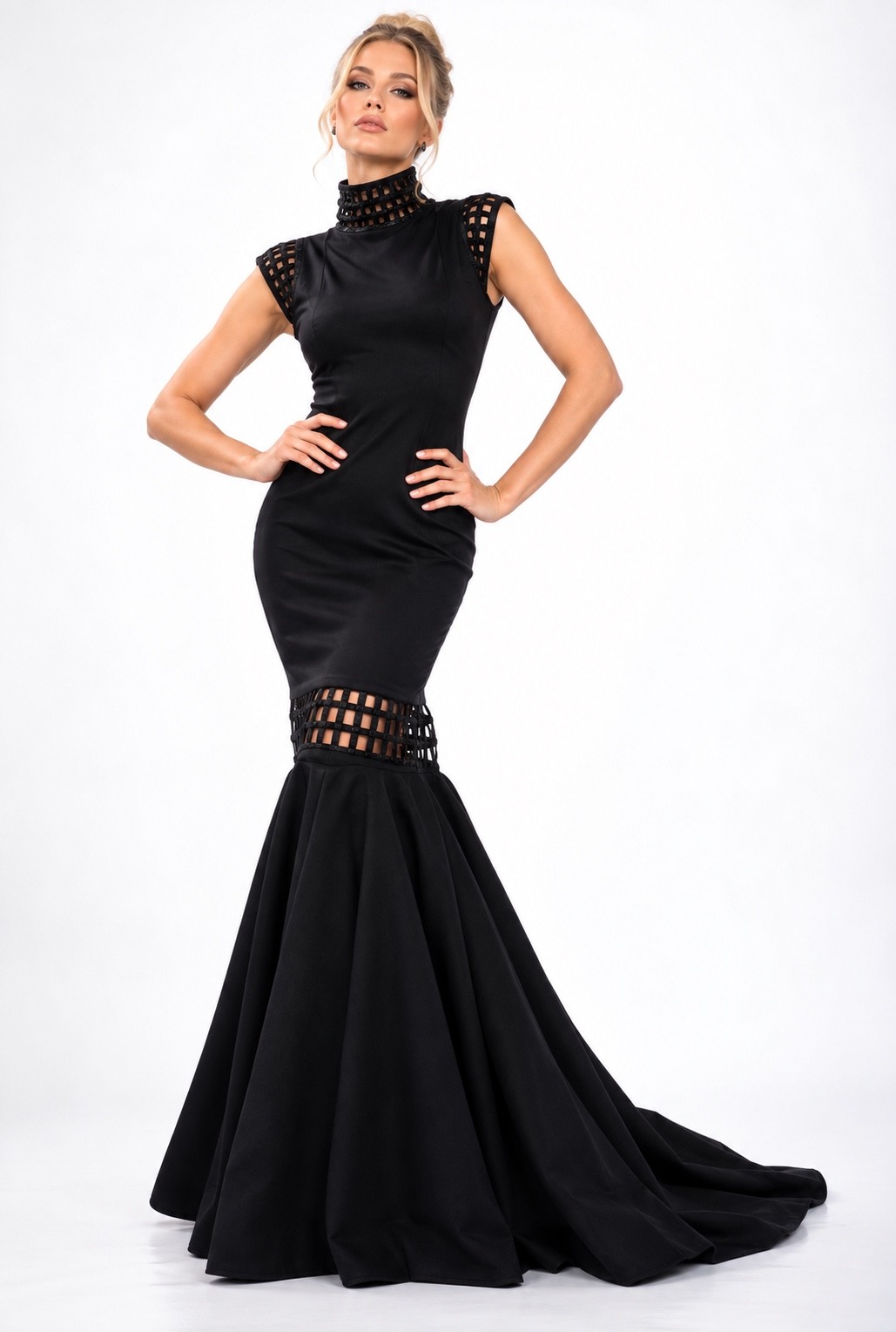 Sonia Noel couture black caged mermaid evening gown