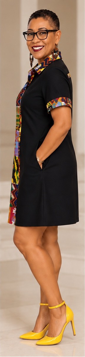 Sonia Noel Style #404 Woven Stories Artisan Collection Panel Dress — side view with patchwork panel and printed cuff