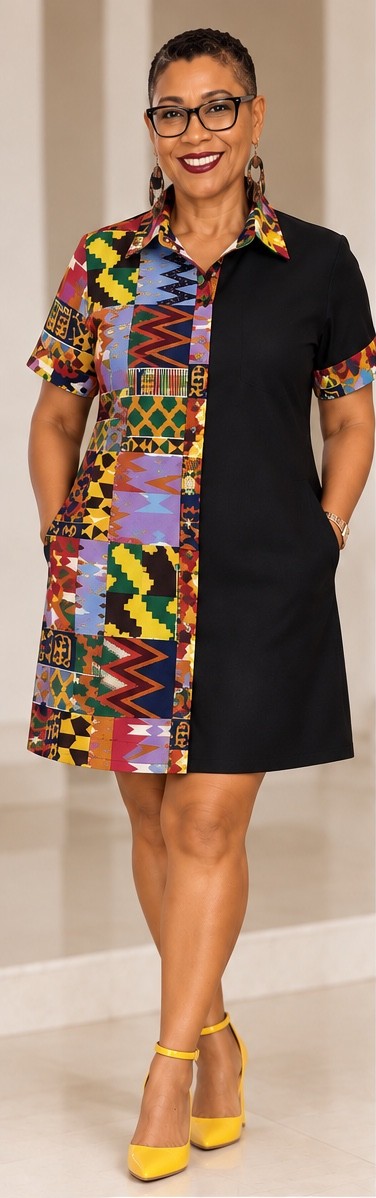 Sonia Noel Style #404 Woven Stories Artisan Collection Panel Dress — black shirt dress with handmade patchwork panel and collar, front view