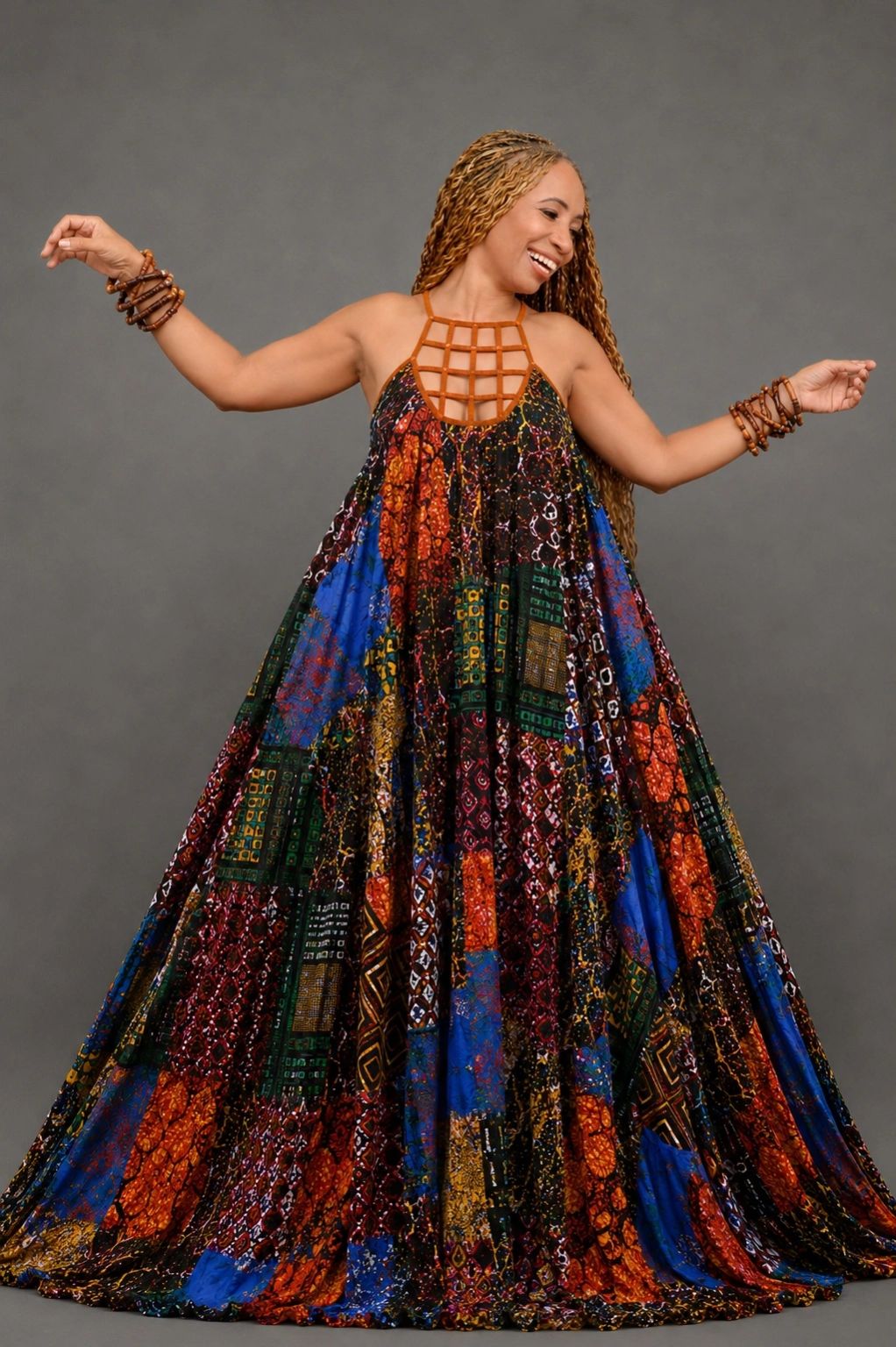 Sonia Noel in her colorful patchwork dress with signature lattice neckline