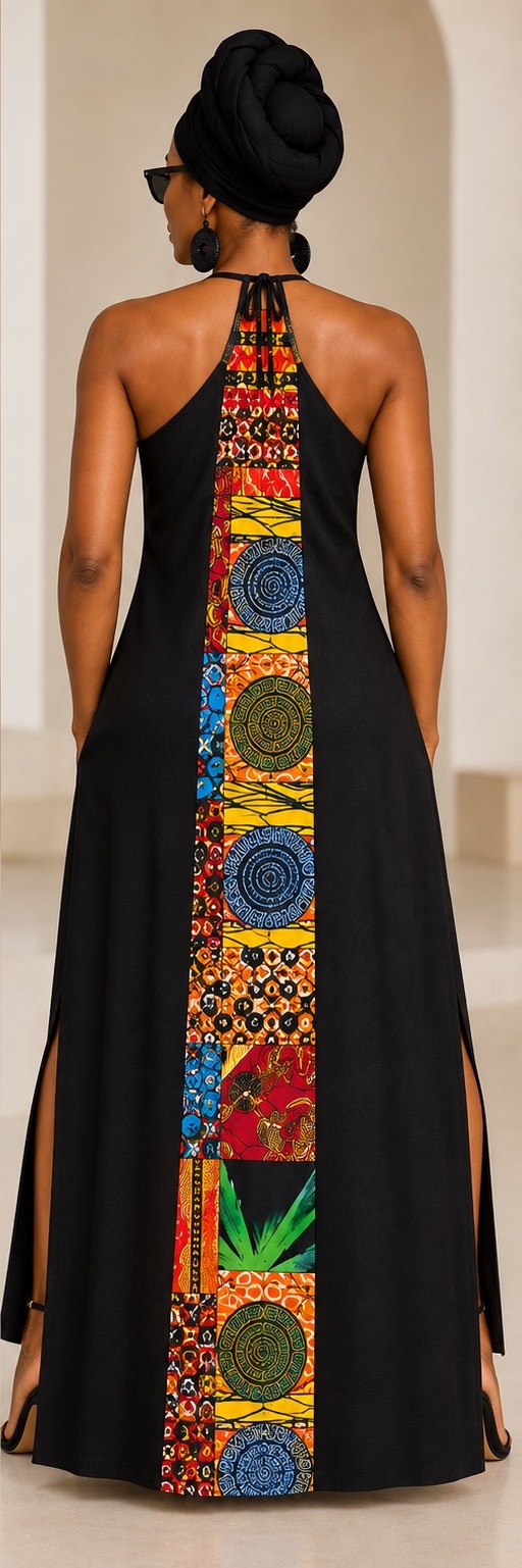 Sonia Noel Style #404 Woven Stories Artisan Collection Panel Dress — black maxi with handmade patchwork panel, back view
