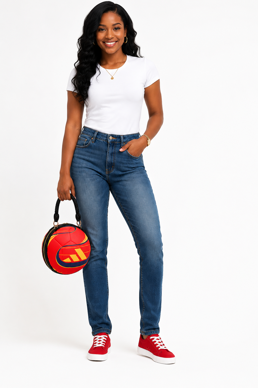 Model in a white tee and jeans carrying The Inspiring Ball Bag — a red soccer-ball shaped handbag with a braided black handle