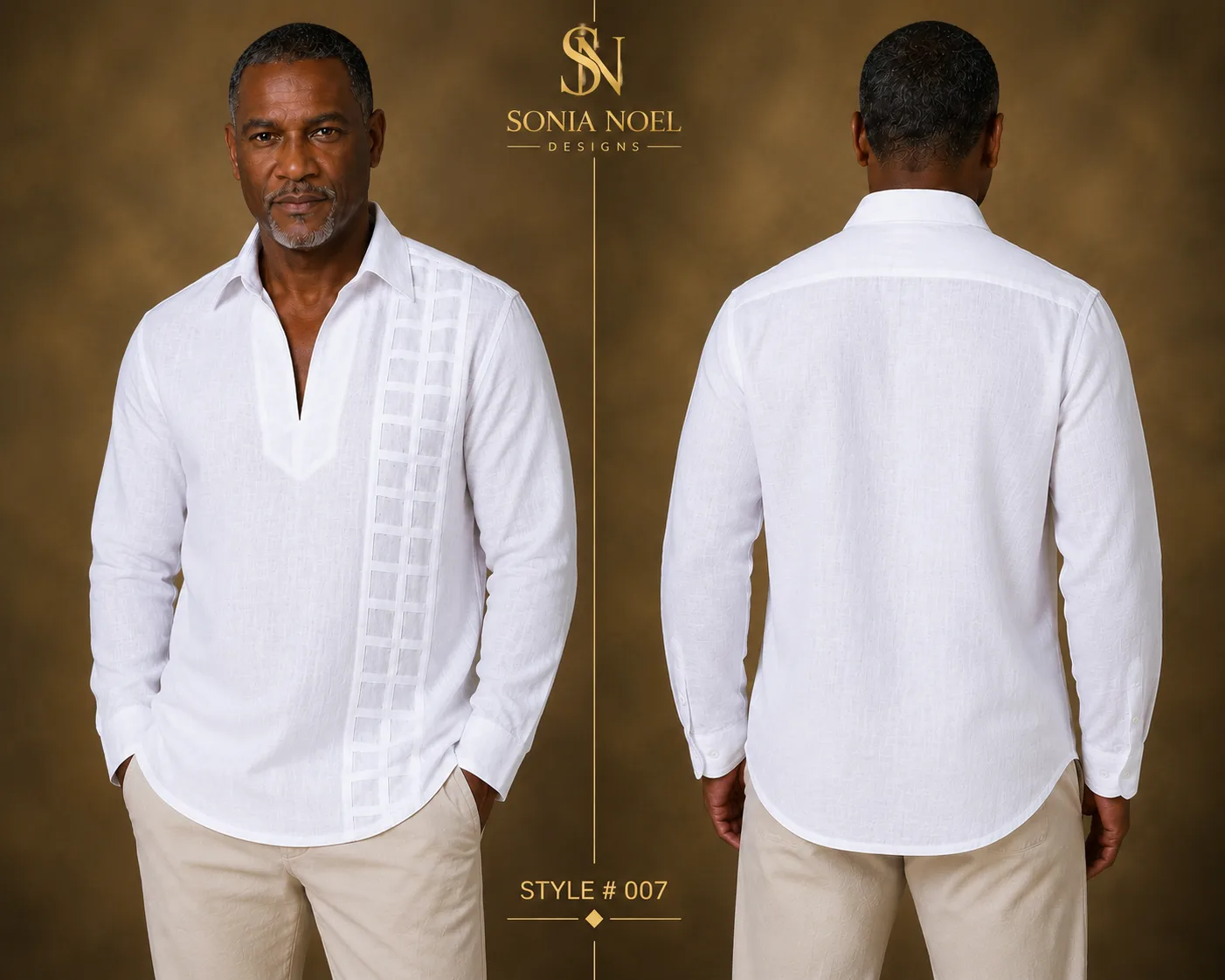 Front and back views of a white long-sleeve cotton lattice shirt