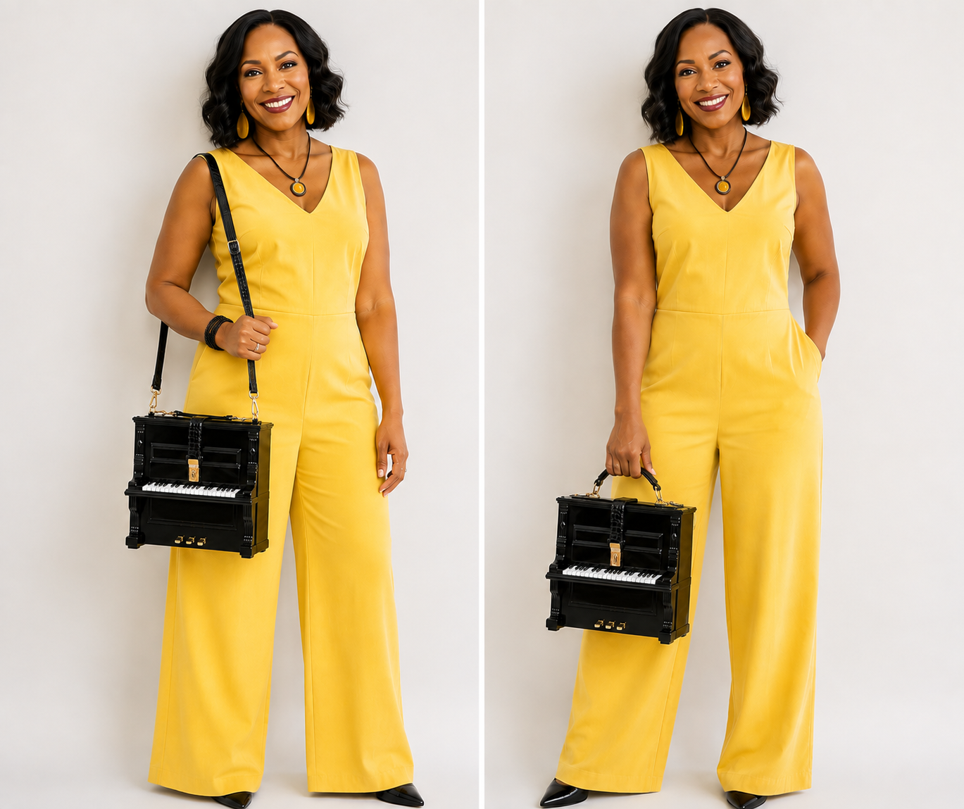 Model in a yellow jumpsuit carrying The Piano Bag — a black upright-piano shaped handbag with gold hardware