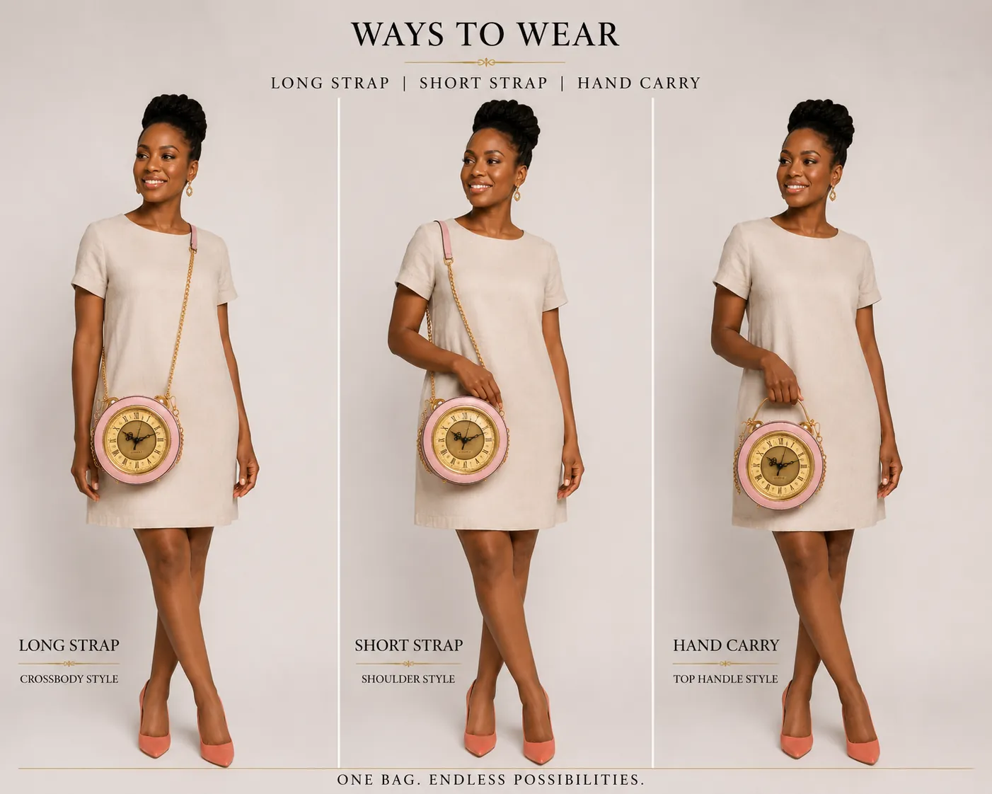 Ways to wear The Clock Bag — long strap crossbody, short strap shoulder, and hand carry top handle styles