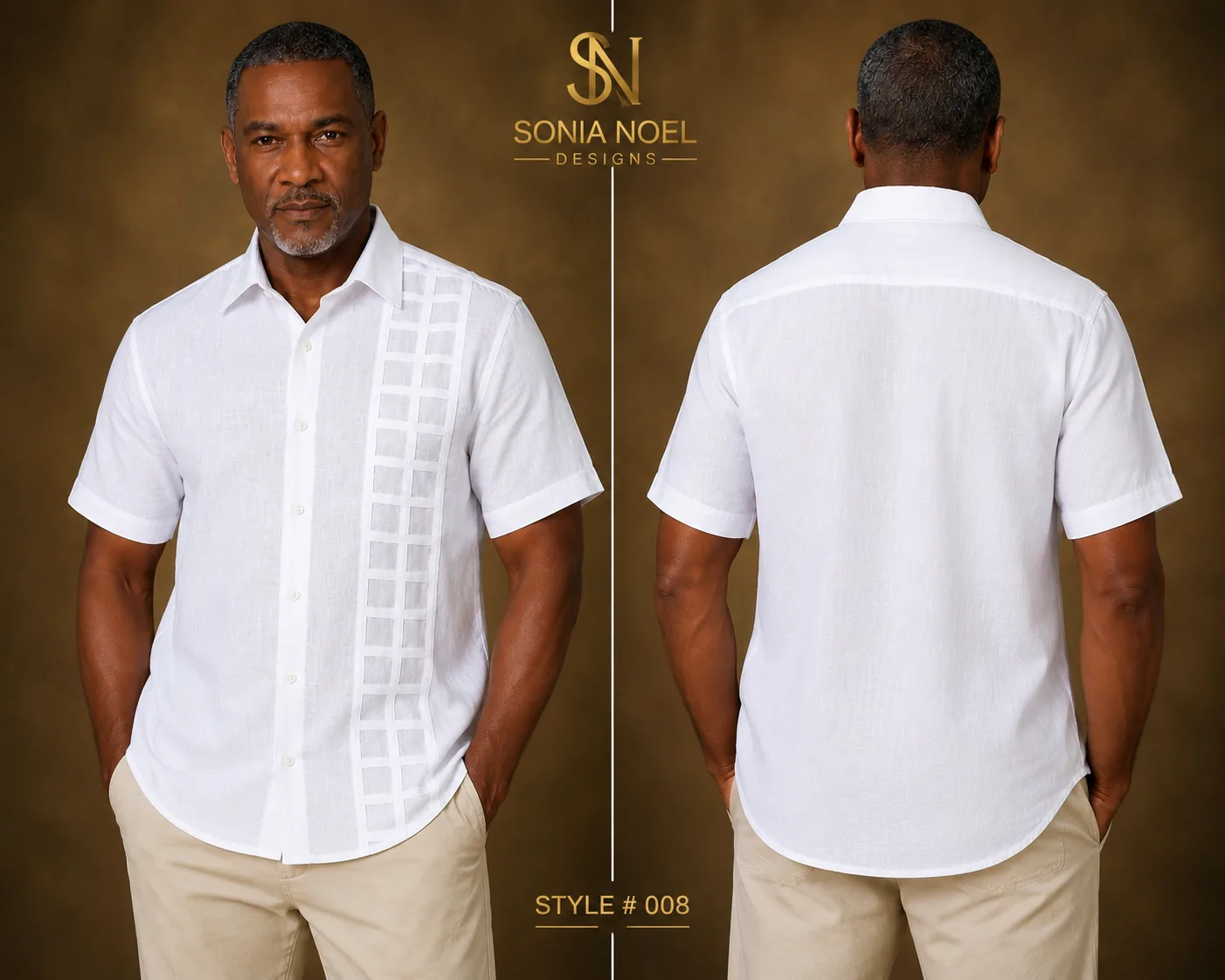 Front and back views of a white short-sleeve button-front cotton shirt with a vertical lattice panel