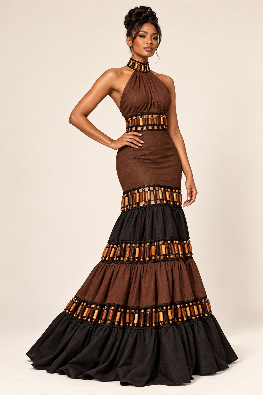Sonia Noel couture brown and black beaded halter mermaid gown