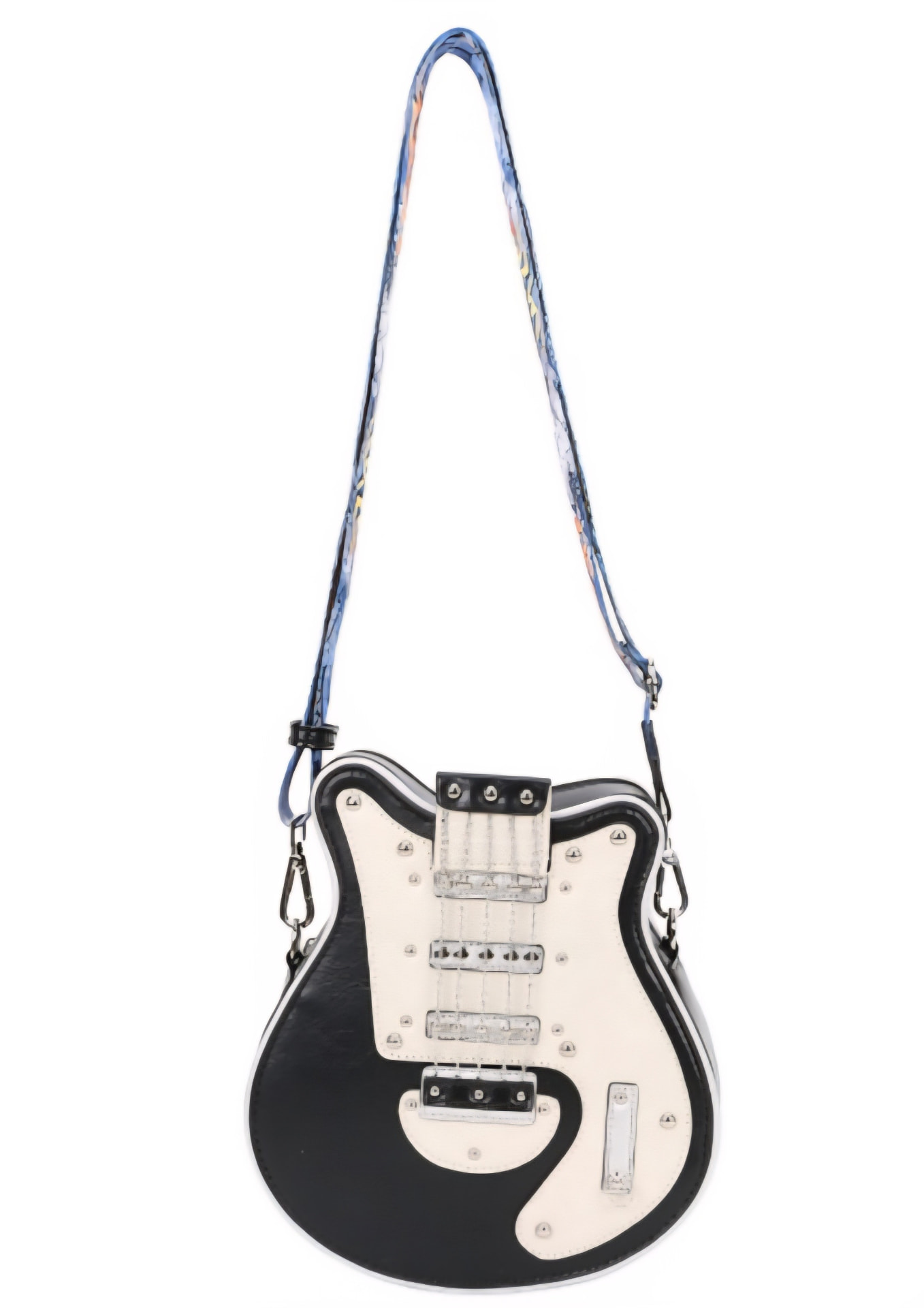 The Soul Strings Bag — black and cream guitar-shaped crossbody bag with silver hardware and a graffiti-print strap