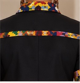Style #404 Woven Stories Panel Dress detail — printed patchwork back yoke close-up