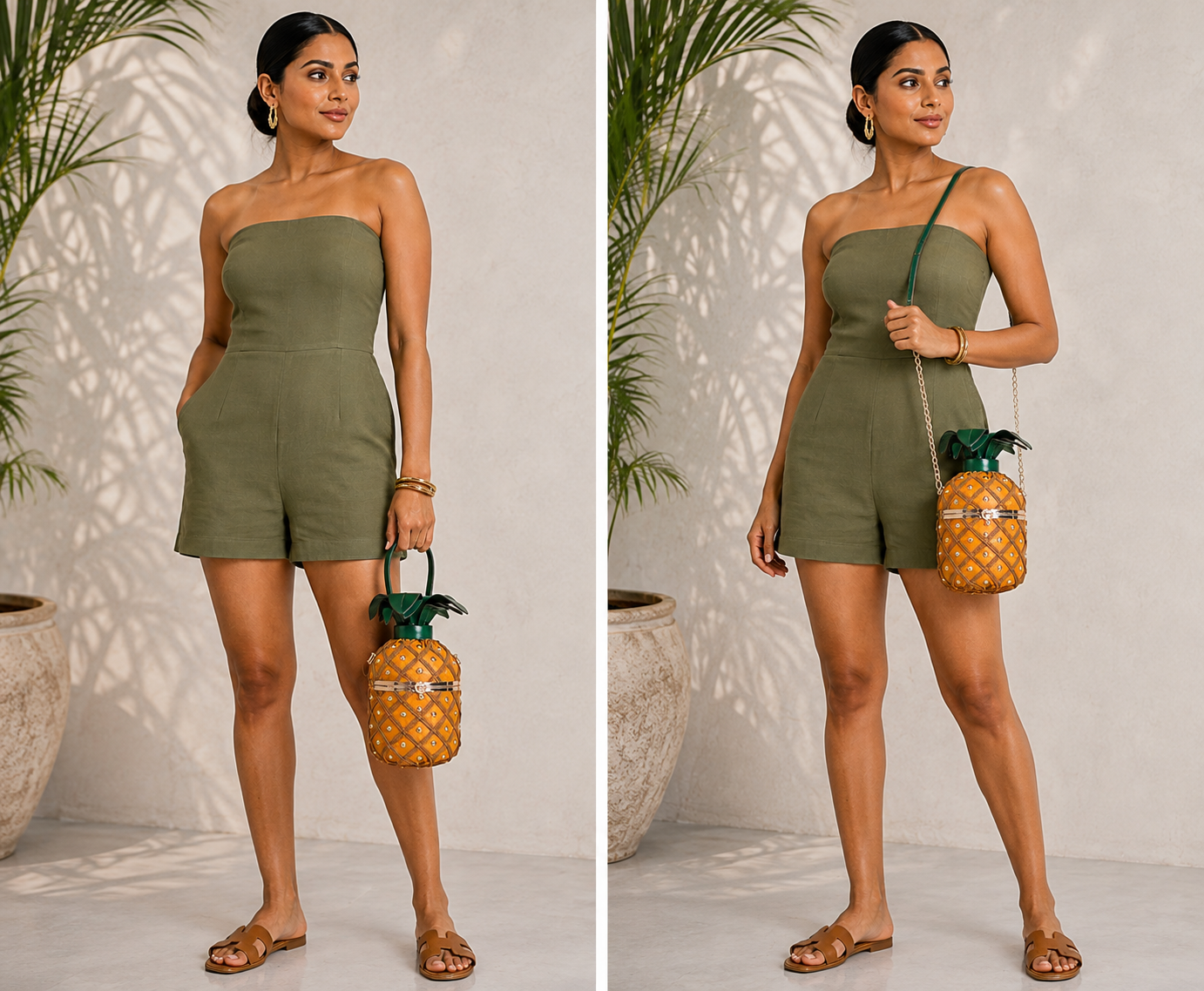 Model in an olive romper carrying The Tropical Crown pineapple bag by the handle and as a crossbody