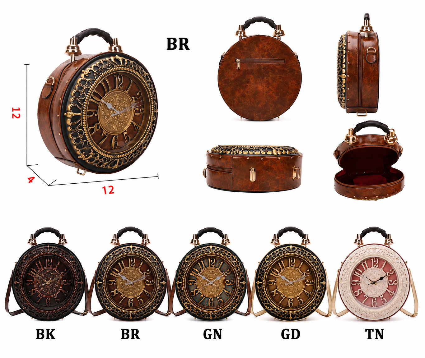 The Clock Bag shown from multiple angles with 12 x 12 x 4 inch dimensions and in BK, BR, GN, GD and TN colorways