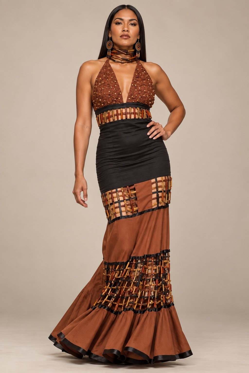 Sonia Noel couture brown beaded tribal-print evening gown