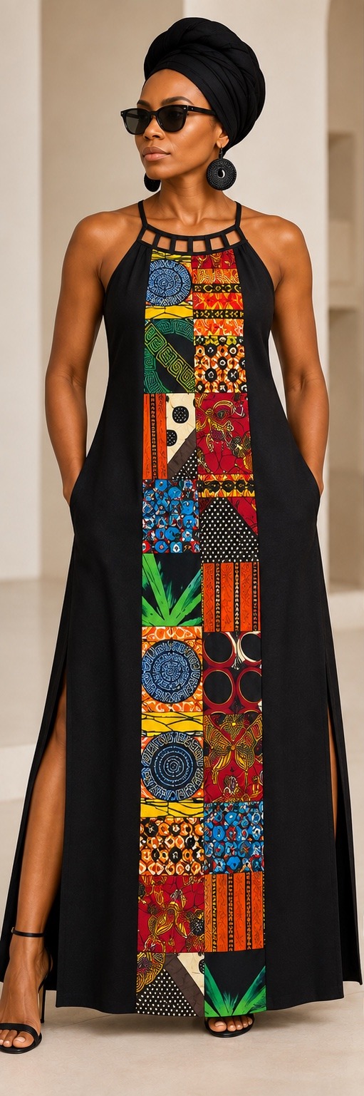 Style #404 Woven Stories Artisan Collection Panel Dress in black with handmade patchwork panel