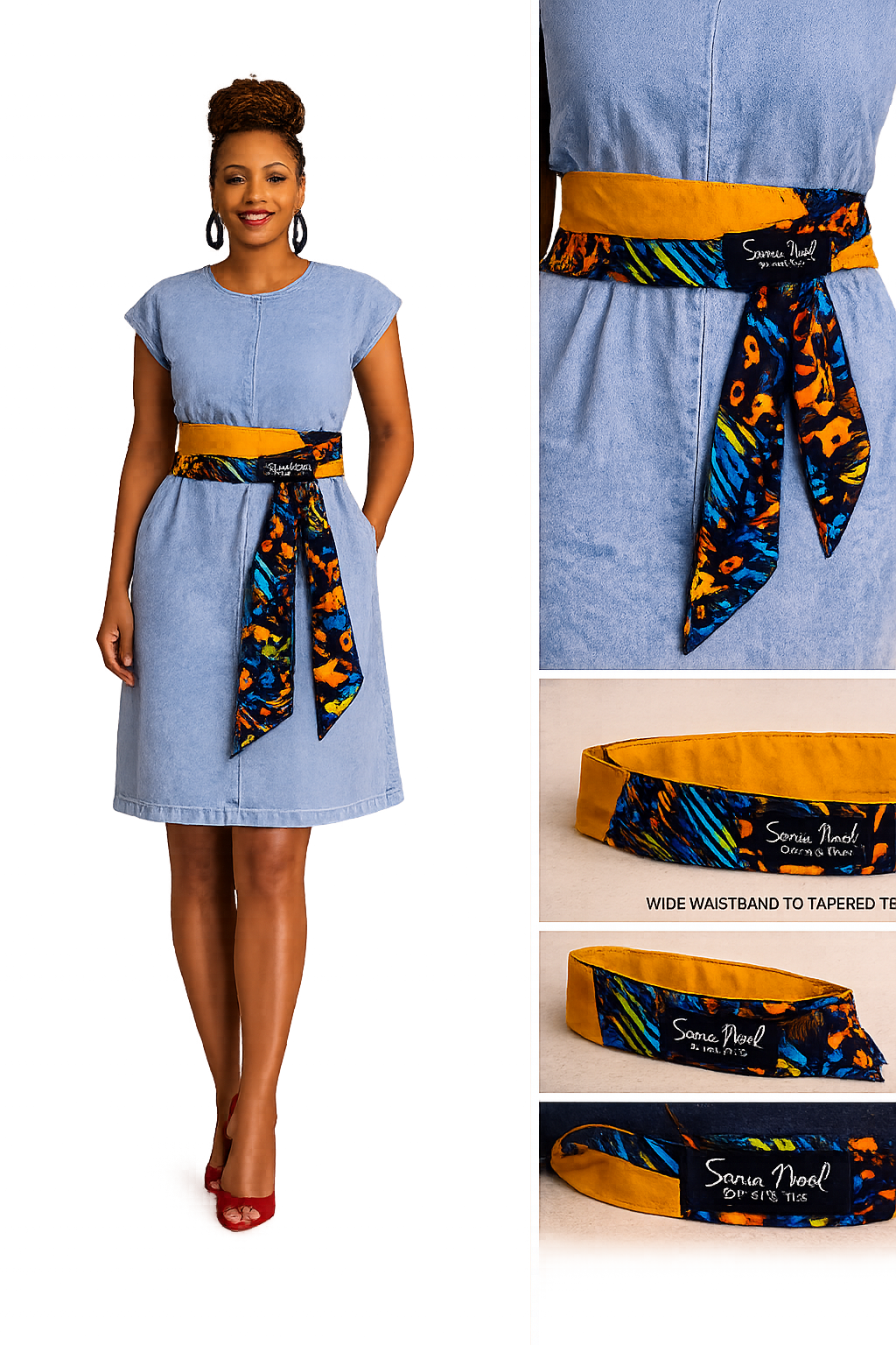 Model in a chambray dress cinched with the wide Sonia Noel reversible belt — mustard solid side with printed tapered ties