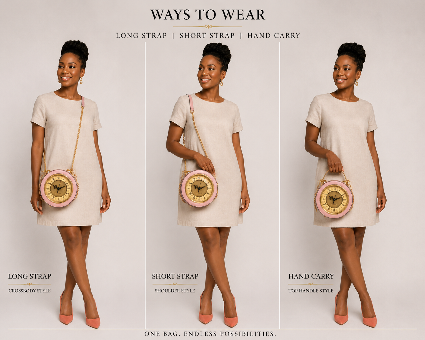 Ways to wear The Clock Bag — long strap crossbody, short strap shoulder, and hand carry top handle styles