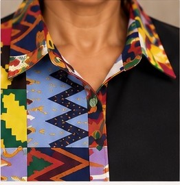 Style #404 Woven Stories Panel Dress detail — handcrafted patchwork collar and placket close-up