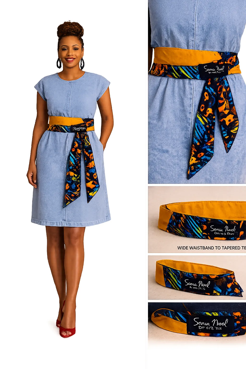 Model in a chambray dress cinched with the wide Sonia Noel reversible belt — mustard solid side with printed tapered ties