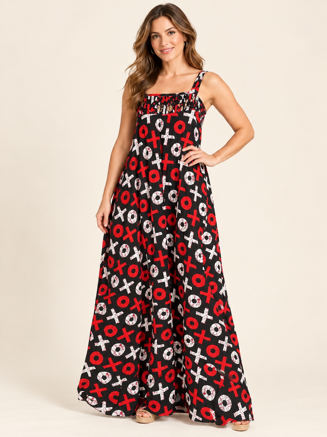 Style #301 lattice maxi dress in black and red XO print