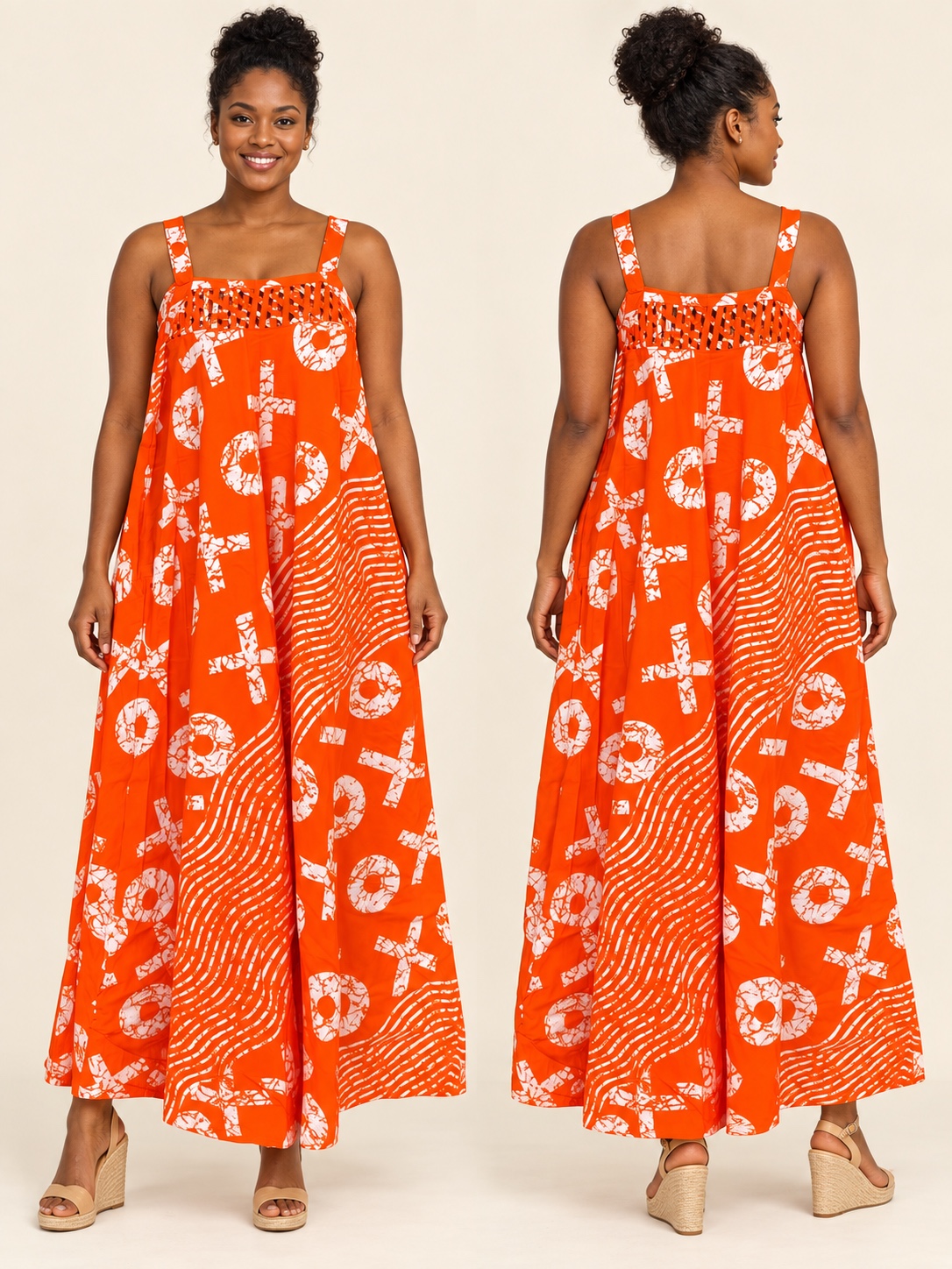 Style #301 lattice maxi dress in orange and white XO print