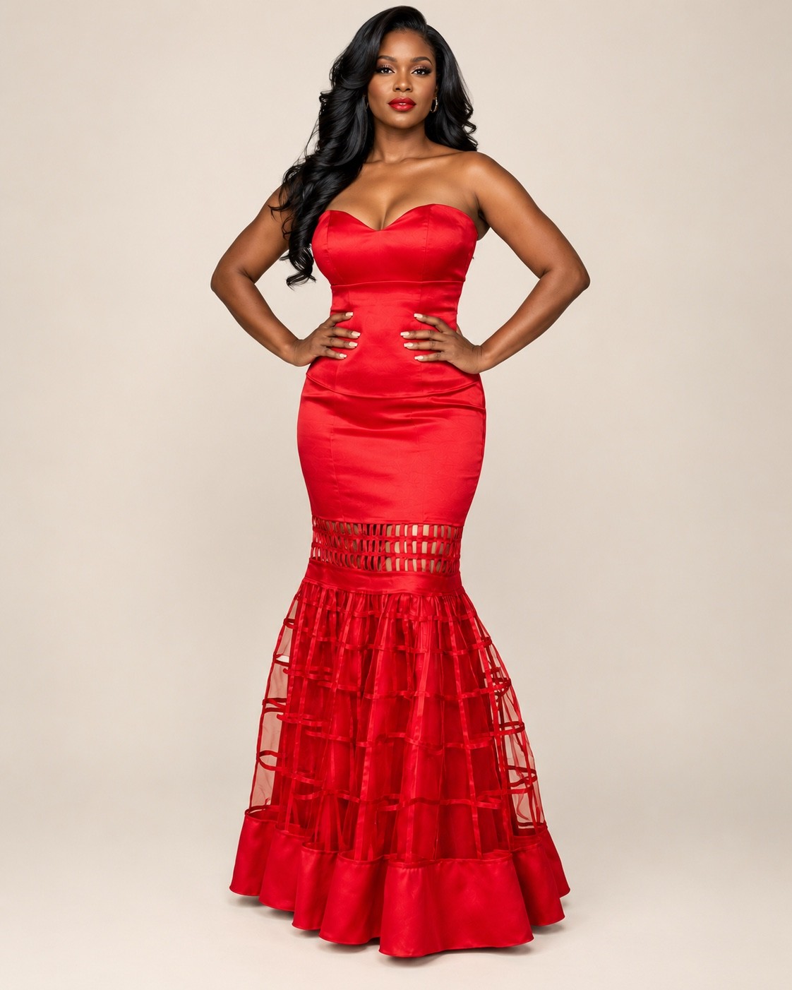 Sonia Noel couture red caged mermaid evening gown