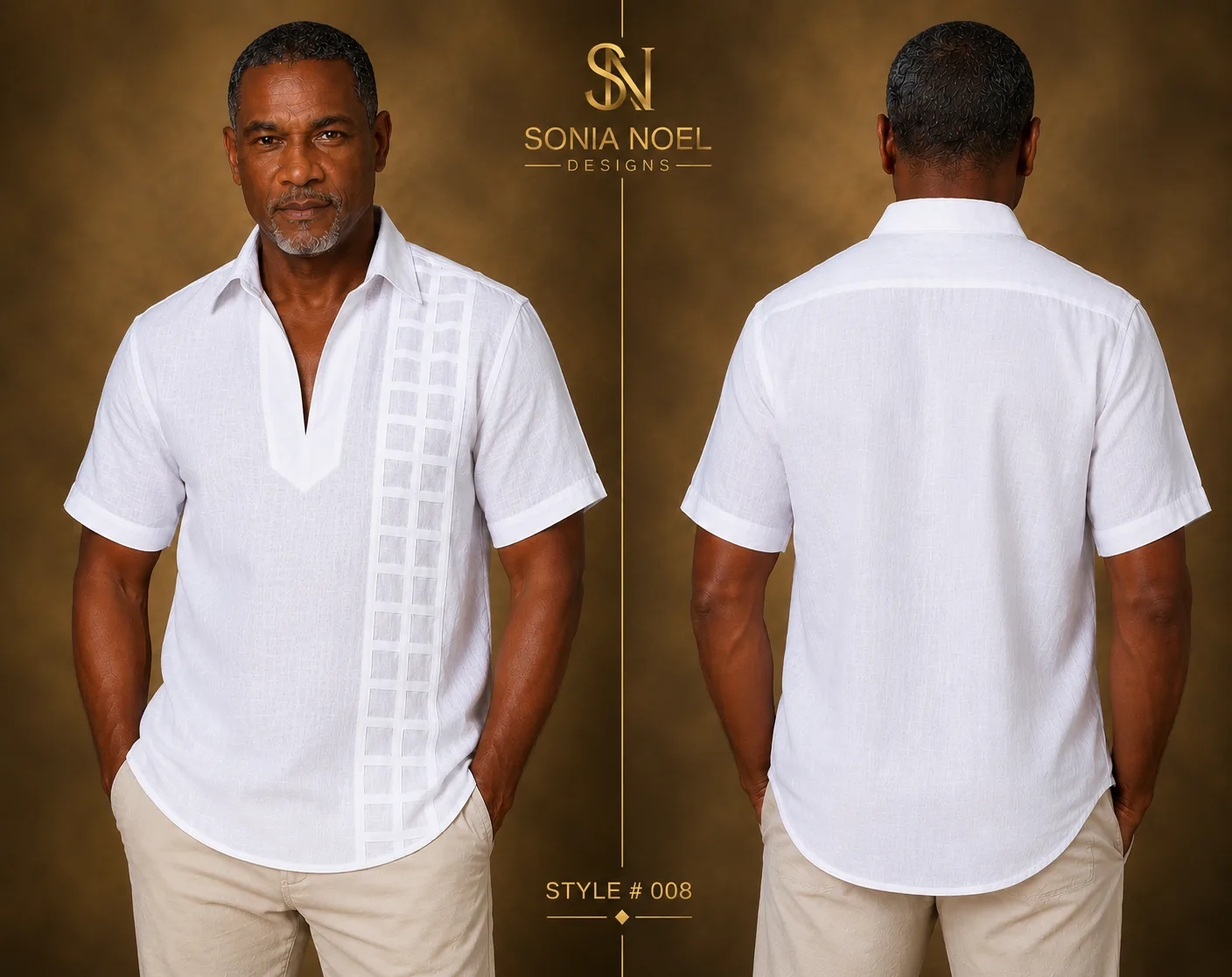 Front and back views of a white short-sleeve cotton lattice shirt