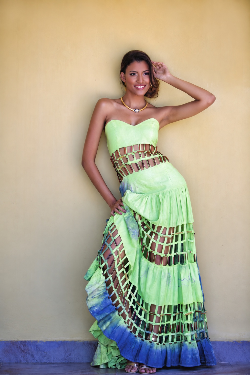 Sonia Noel couture green and blue lattice caged gown
