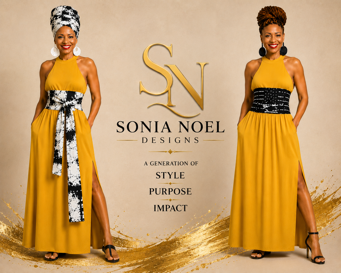 Two models in mustard maxi dresses styled with Sonia Noel reversible sash belts — one printed, one solid